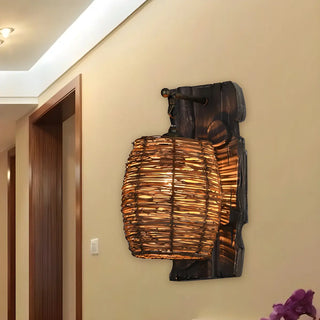 Coastal Cylinder Rattan Wood Restaurant Brown Wall Sconce Zawala Image - 14
