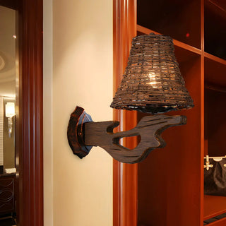 Coastal Cylinder Rattan Wood Restaurant Brown Wall Sconce Zawala Image - 16