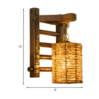 Coastal Cylinder Rattan Wood Restaurant Brown Wall Sconce Zawala #size