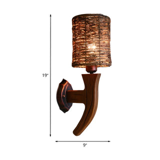 Coastal Cylinder Rattan Wood Restaurant Brown Wall Sconce Zawala Image - 18