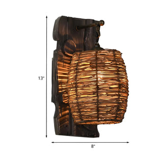 Coastal Cylinder Rattan Wood Restaurant Brown Wall Sconce Zawala Image - 19