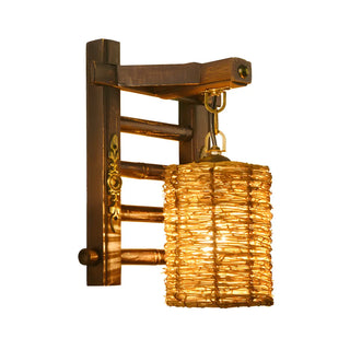 Coastal Cylinder Rattan Wood Restaurant Brown Wall Sconce Zawala Image - 2
