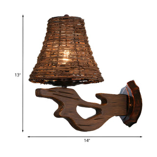 Coastal Cylinder Rattan Wood Restaurant Brown Wall Sconce Zawala Image - 20