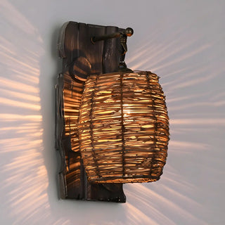 Coastal Cylinder Rattan Wood Restaurant Brown Wall Sconce Zawala Image - 5