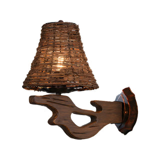 Coastal Cylinder Rattan Wood Restaurant Brown Wall Sconce Zawala Image - 7