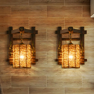 Coastal Cylinder Rattan Wood Restaurant Brown Wall Sconce Zawala Image - 9