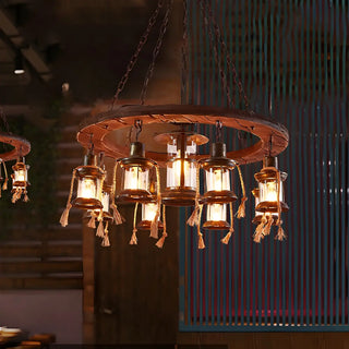 ZOWALA - Brown Wheel Lantern Farmhouse Chandelier Image - 1