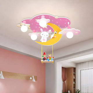 ZOWALA - Pink Starry Cartoon Bunny Wood Semi-Flush Mount Light Image - 1