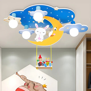 ZOWALA - Pink Starry Cartoon Bunny Wood Semi-Flush Mount Light Image - 3