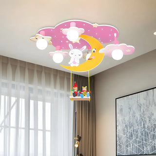 ZOWALA - Pink Starry Cartoon Bunny Wood Semi-Flush Mount Light Image - 4
