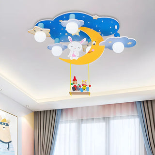 ZOWALA - Pink Starry Cartoon Bunny Wood Semi-Flush Mount Light Image - 6
