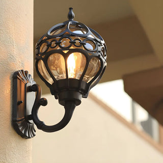 Unique Glass Sphere Cage Metal Black Outdoor Wall Light Image - 2