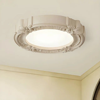 Cream Resin Round Carving LED Flush Mount Ceiling Light Zawala Image - 1