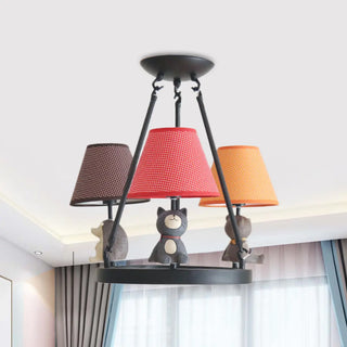 ZOWALA - Cat Fabric Small White Circle 3-Light Kids Room Chandelier Image - 9