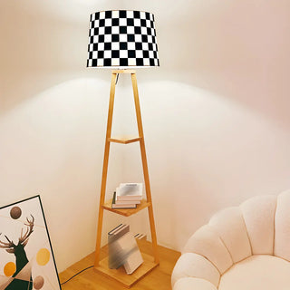 Checkered Modern Wood Tripod LED Floor Lamp with Shelf Zawala Image - 1
