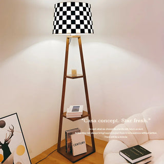 Checkered Modern Wood Tripod LED Floor Lamp with Shelf Zawala Image - 3