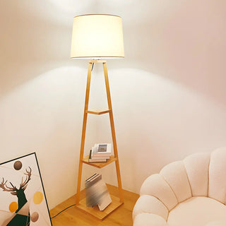 Checkered Modern Wood Tripod LED Floor Lamp with Shelf Zawala Image - 4