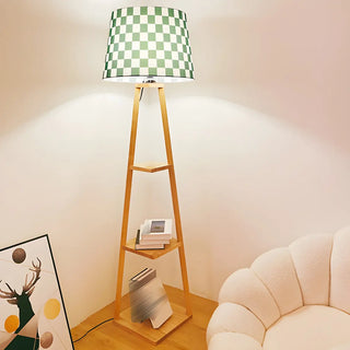 Checkered Modern Wood Tripod LED Floor Lamp with Shelf Zawala Image - 6