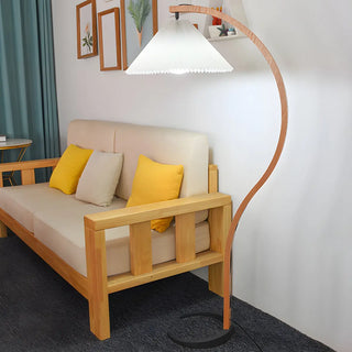 Modern Curved Wooden Floor Lamp with Pleated Shade Zawala Image - 10