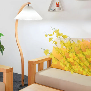 Modern Curved Wooden Floor Lamp with Pleated Shade Zawala Image - 11