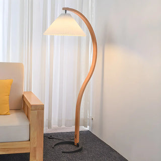 Modern Curved Wooden Floor Lamp with Pleated Shade Zawala Image - 7