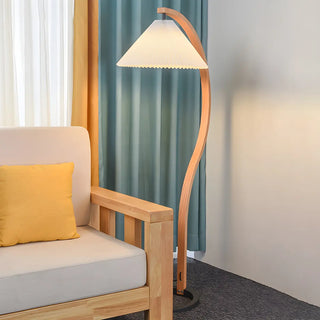 Modern Curved Wooden Floor Lamp with Pleated Shade Zawala Image - 8