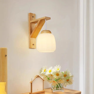 Rustic Fabric Lampshade Wood Geometric Wall Sconce Zawala Image - 2
