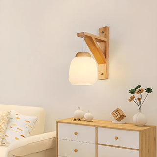 Rustic Fabric Lampshade Wood Geometric Wall Sconce Zawala Image - 3