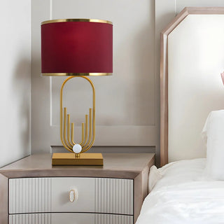 Stylish Red Fabric Drum Shade Art Metal Base Table Lamp Zawala Image - 1