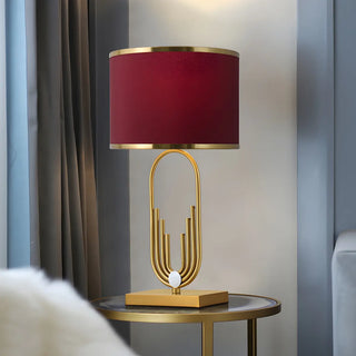Stylish Red Fabric Drum Shade Art Metal Base Table Lamp Zawala Image - 2