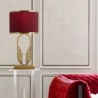 Stylish Red Fabric Drum Shade Art Metal Base Table Lamp Zawala Image - 3