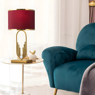 Stylish Red Fabric Drum Shade Art Metal Base Table Lamp Zawala Image - 4