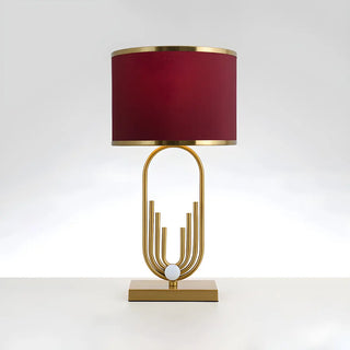 Stylish Red Fabric Drum Shade Art Metal Base Table Lamp Zawala Image - 6