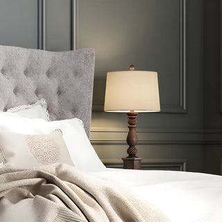 Classic White Drum Fabric Wood Base Bedside Table Lamp Zawala Image - 3