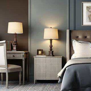 Classic White Drum Fabric Wood Base Bedside Table Lamp Zawala Image - 4