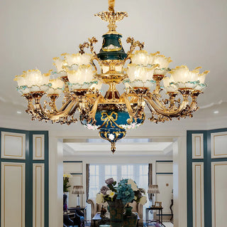 ZOWALA - Flower Gold Glass Large Green Living Room Classic Chandelier Image - 1