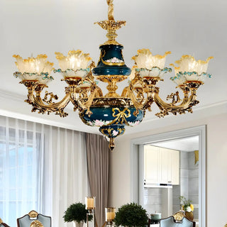 ZOWALA - Flower Gold Glass Large Green Living Room Classic Chandelier Image - 2