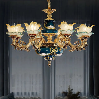ZOWALA - Flower Gold Glass Large Green Living Room Classic Chandelier Image - 4