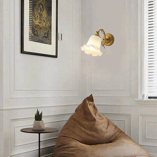 - Vintage Frosted Glass Flower Gold Bedroom Wall Lamp Image - 3
