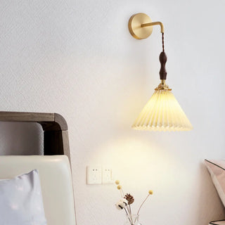 Classic Pleated Shade Walnut Metal Cone Wall Sconce Zawala Image - 5