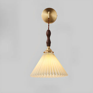 Classic Pleated Shade Walnut Metal Cone Wall Sconce Zawala Image - 8
