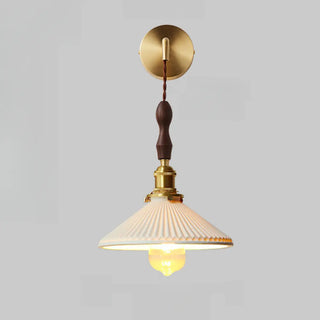 Classic Pleated Shade Walnut Metal Cone Wall Sconce Zawala Image - 9