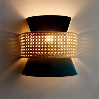 ZOWALA - Coastal Fabric Cone Rattan Black-Blue Wall Sconce Image - 1
