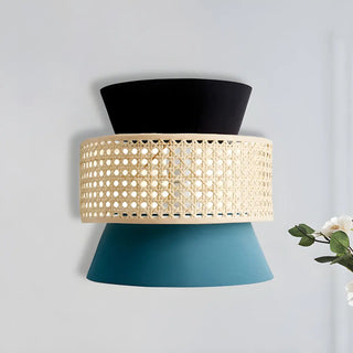 ZOWALA - Coastal Fabric Cone Rattan Black-Blue Wall Sconce Image - 3