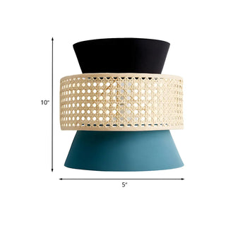 ZOWALA - Coastal Fabric Cone Rattan Black-Blue Wall Sconce #size