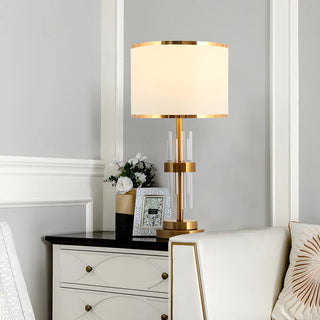 Vintage White Fabric Drum Shade Crystal Rod Table Lamp Zawala Image - 1