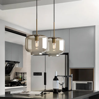 ZOWALA - Contemporary Drum Glass Dining Room Cognac Pendant Light Image - 1