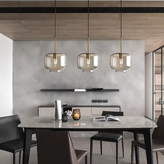ZOWALA - Contemporary Drum Glass Dining Room Cognac Pendant Light Image - 4