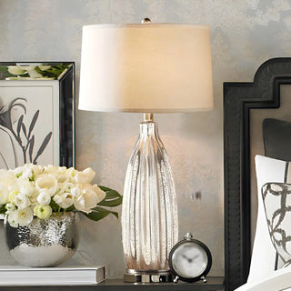 Contemporary Glass Base Fabric Drum Shade Table Lamp Zawala Image - 1
