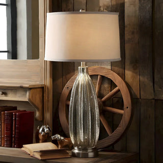 Contemporary Glass Base Fabric Drum Shade Table Lamp Zawala Image - 2